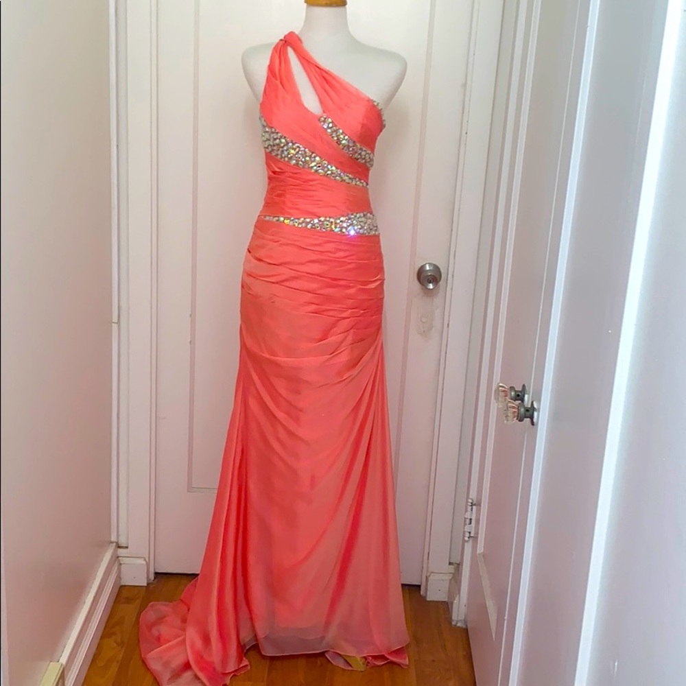Maggie Sottero Coral One-Shoulder Prom Dress with Rhinestone Accents